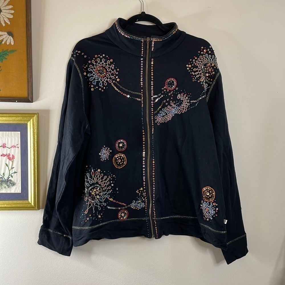 Zenergy By Chico's Black Embroided and Beaded Full Zip Jacket